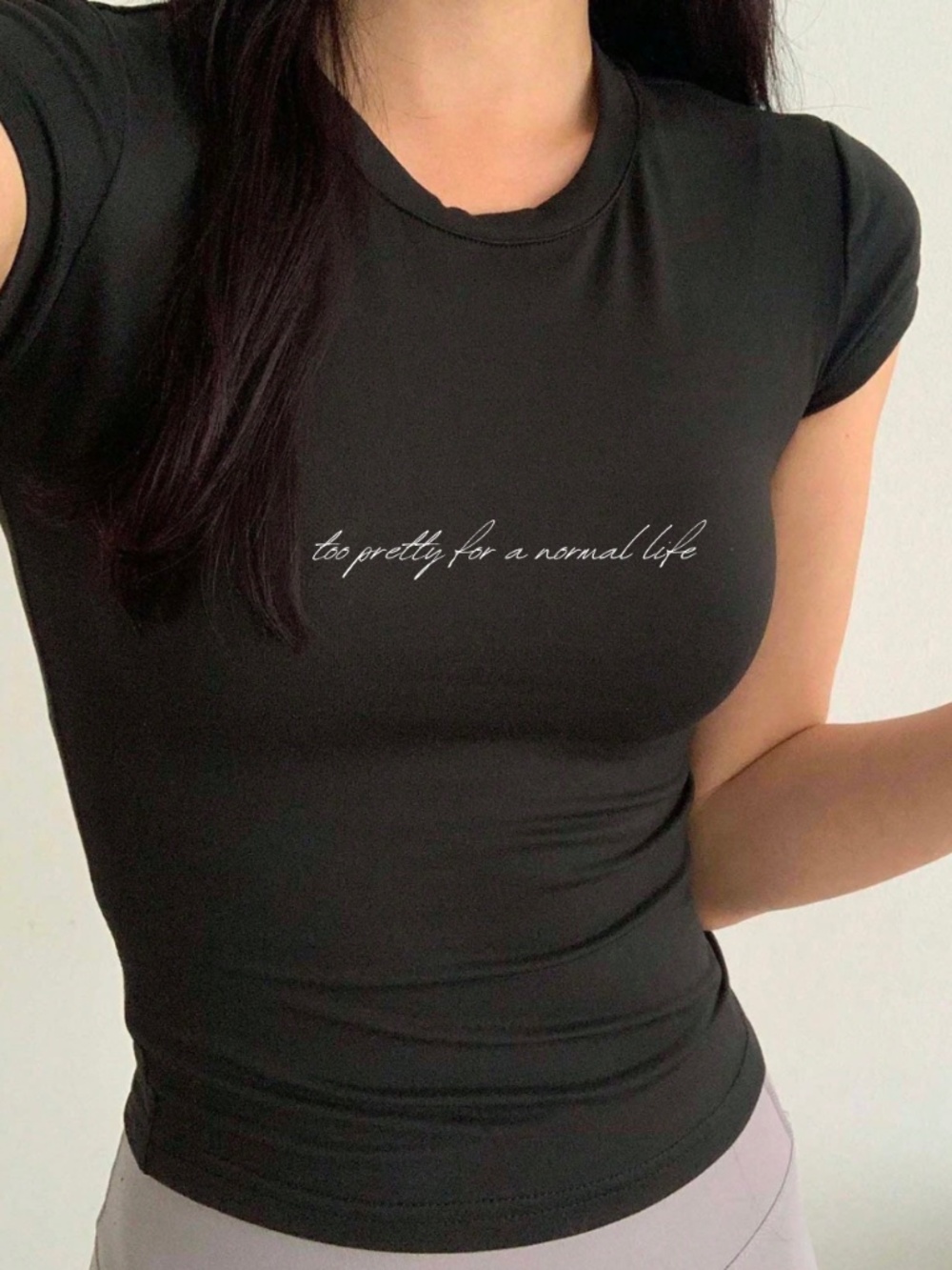 "too pretty for normal life" black short sleeve fitted baby tee shirt